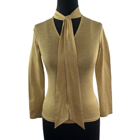 VINTAGE Jill Stuart Metallic Gold Blouse Knit Tie-Neck Long Sleeve Size Small S - Picture 1 of 11